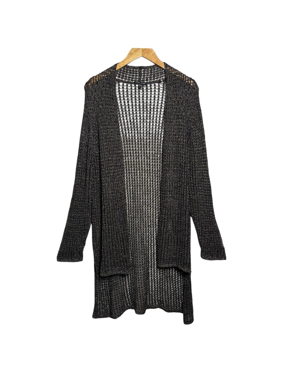 Eileen Fisher Mesh Metallic Knit Open Cardigan Hi-Lo in Black/Gold - Size XL